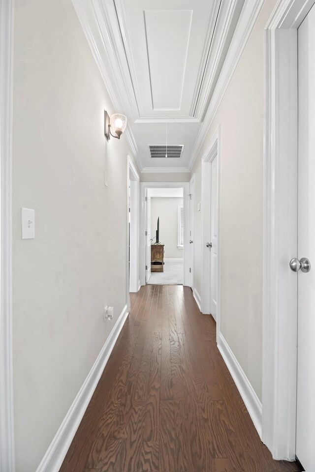 2027 S County Road 9, Newton, AL 36352 - hall with attic access, dark wood-style flooring, and crown molding
