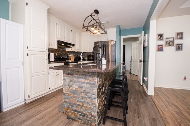 kitchen featuring a sink, under cabinet range hood, backsplash, dark wood-style flooring, and freestanding refrigerator