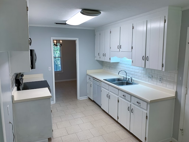 kitchen with white cabinetry, dishwasher, sink, backsplash, and ornamental molding