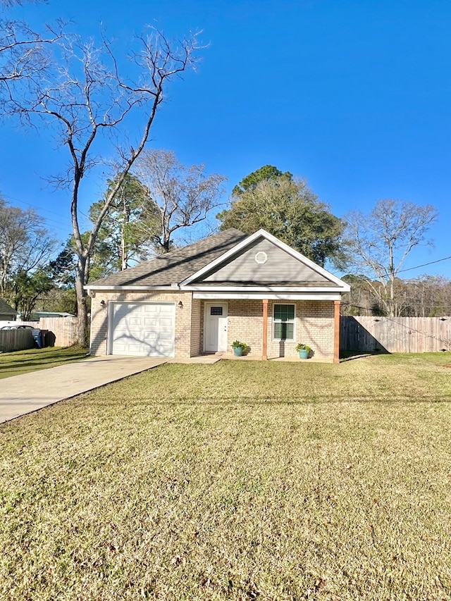 ranch-style home with a garage, concrete driveway, a front yard, and fence