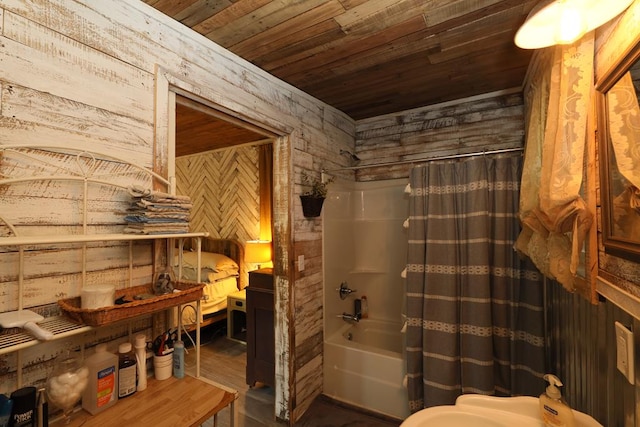 bathroom featuring shower / bathtub combination with curtain, wooden ceiling, and wood walls