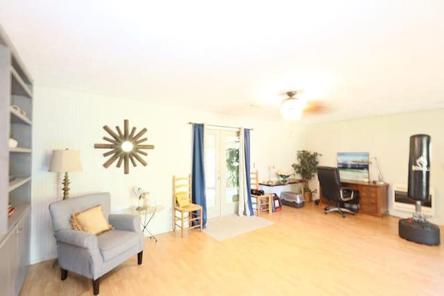 home office with ceiling fan and wood-type flooring