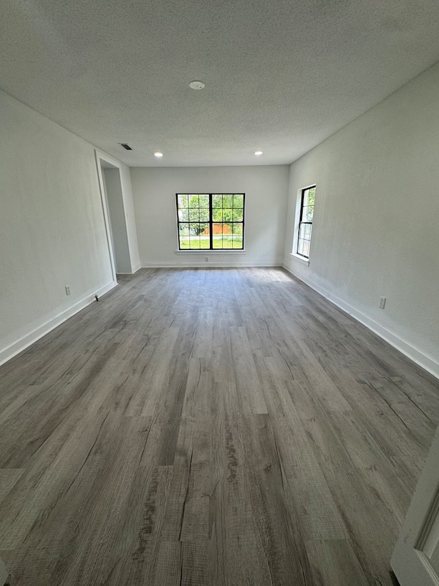 spare room featuring a textured ceiling, a wealth of natural light, and dark wood-type flooring