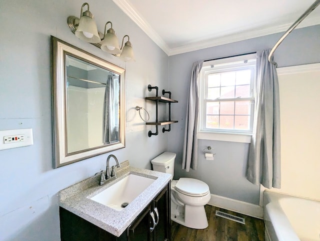 full bathroom featuring vanity, crown molding, toilet, shower / bath combo with shower curtain, and wood-type flooring