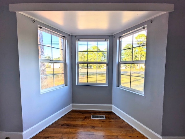 unfurnished room featuring dark hardwood / wood-style floors and a healthy amount of sunlight