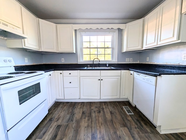 kitchen featuring white appliances, exhaust hood, white cabinets, sink, and dark hardwood / wood-style floors