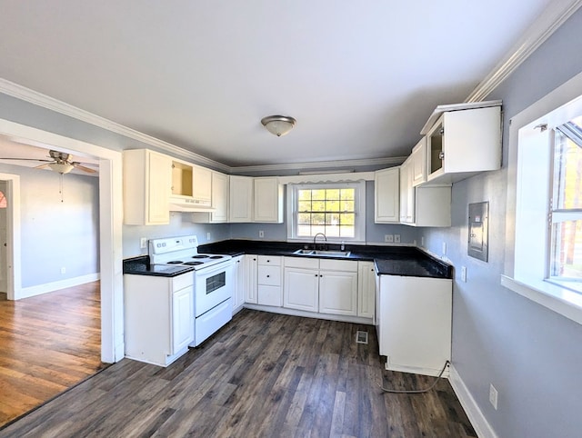 kitchen with dark wood-type flooring, white cabinets, sink, ornamental molding, and white range with electric stovetop