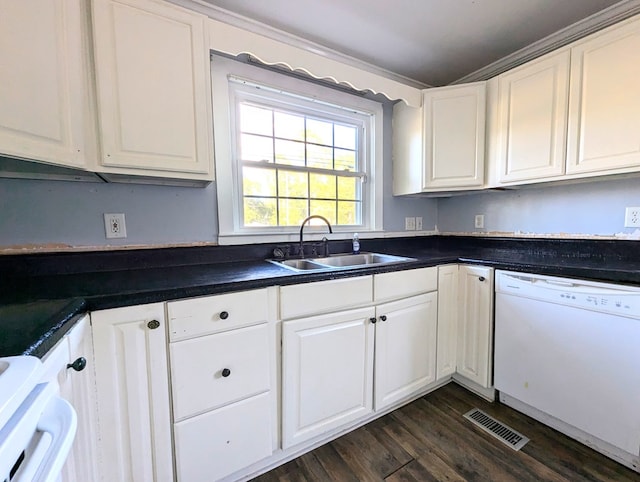 kitchen featuring white dishwasher, white cabinetry, dark hardwood / wood-style floors, and sink