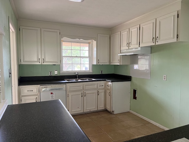kitchen with under cabinet range hood, white cabinets, a sink, and dishwasher
