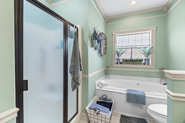 114 Bluffton Rd, Dothan, AL 36301 - bathroom featuring a shower stall, crown molding, a garden tub, and tile patterned floors