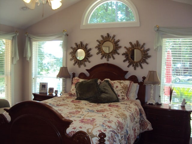 bedroom featuring ceiling fan and vaulted ceiling