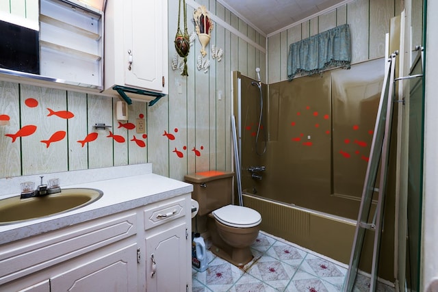 bathroom featuring washtub / shower combination, toilet, wood walls, and vanity