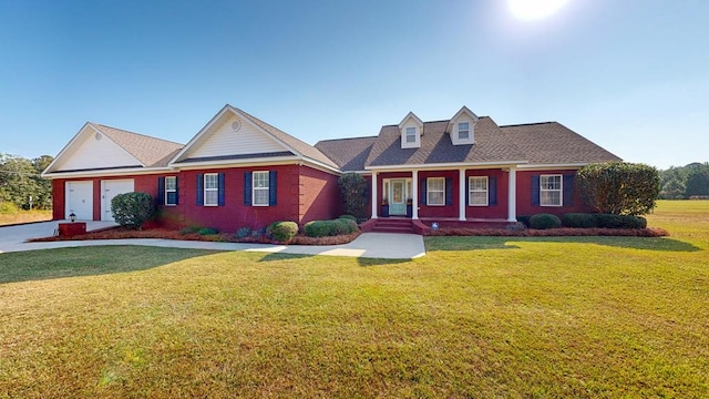 view of front of house featuring covered porch, a garage, and a front yard