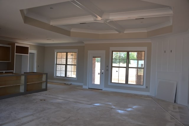 interior space featuring crown molding and coffered ceiling