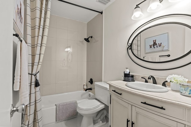 full bathroom featuring toilet, shower / tub combo, tile patterned floors, and vanity