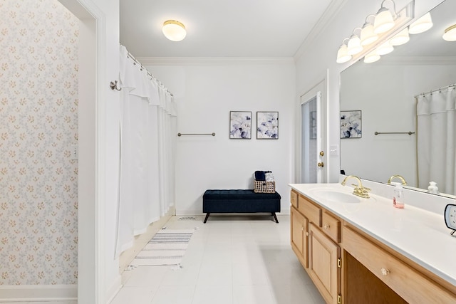 4 Woodmere Dr, Dothan, AL 36305 - full bathroom featuring crown molding, vanity, curtained shower, and wallpapered walls