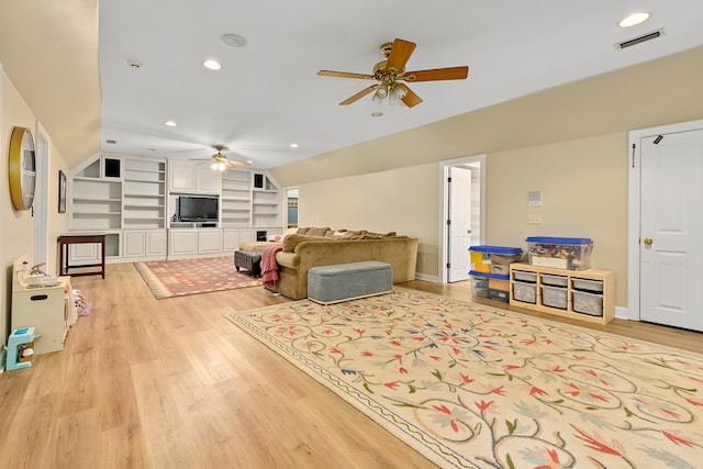 4 Woodmere Dr, Dothan, AL 36305 - living area with a ceiling fan, light wood finished floors, built in shelves, recessed lighting, and lofted ceiling