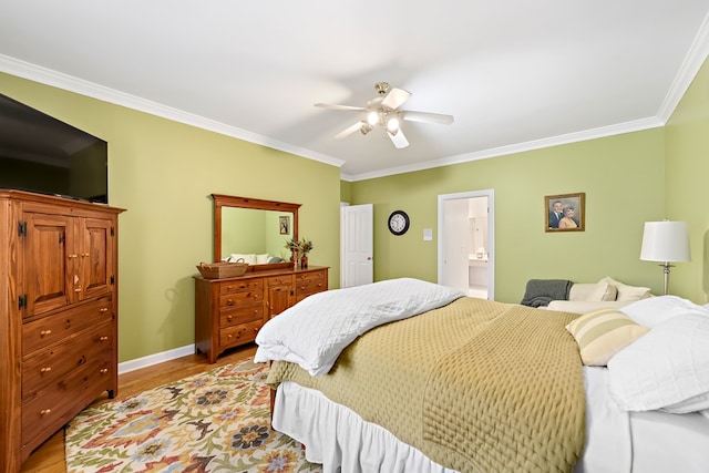 4 Woodmere Dr, Dothan, AL 36305 - bedroom with crown molding, light wood-style flooring, ceiling fan, and connected bathroom