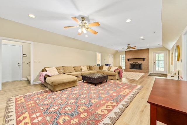 4 Woodmere Dr, Dothan, AL 36305 - living room with a ceiling fan, wood finished floors, a brick fireplace, stairs, and recessed lighting