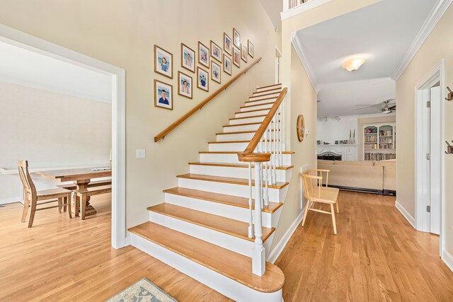 4 Woodmere Dr, Dothan, AL 36305 - stairs with a ceiling fan, wood finished floors, and crown molding
