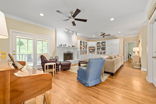 4 Woodmere Dr, Dothan, AL 36305 - living room featuring crown molding, recessed lighting, light wood finished floors, a ceiling fan, and a brick fireplace