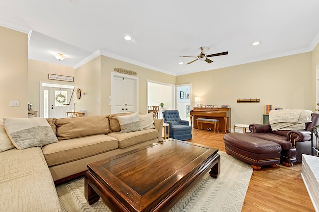 4 Woodmere Dr, Dothan, AL 36305 - living room featuring light wood-style flooring, a ceiling fan, recessed lighting, and crown molding
