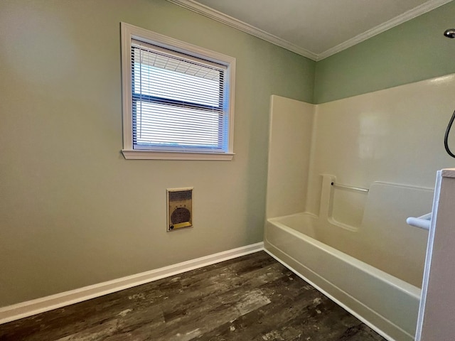 full bathroom featuring shower / bath combination, crown molding, baseboards, and wood finished floors