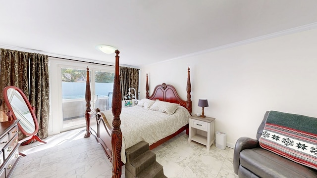 bedroom with crown molding, marble finish floor, and access to exterior