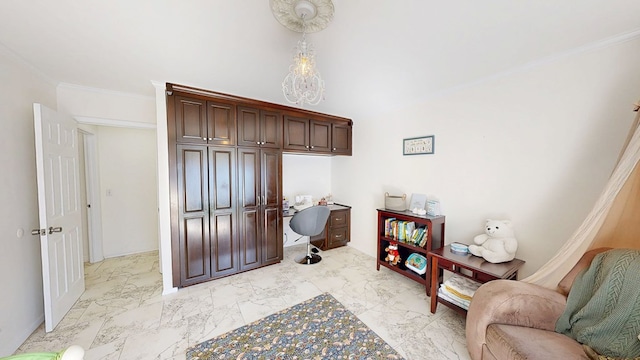 interior space with marble finish floor and crown molding