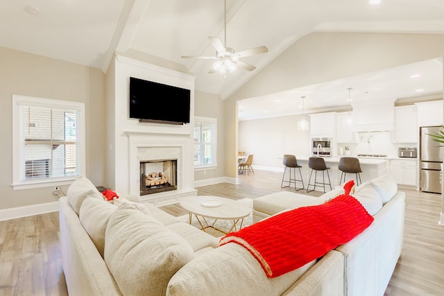 living room featuring ceiling fan, a fireplace, a healthy amount of sunlight, and light hardwood / wood-style flooring