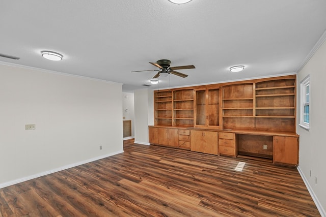 351 Hayborn Rd, Webb, AL 36376 - unfurnished living room featuring dark wood-style floors, crown molding, ceiling fan, and built in study area