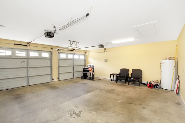 garage with a garage door opener, gas water heater, and baseboards