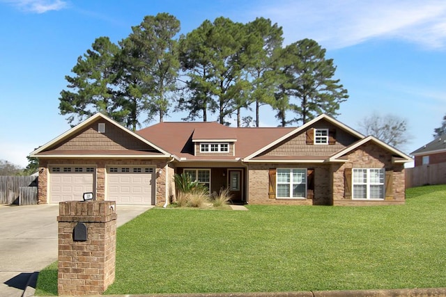 craftsman house featuring a garage, concrete driveway, fence, and a front lawn