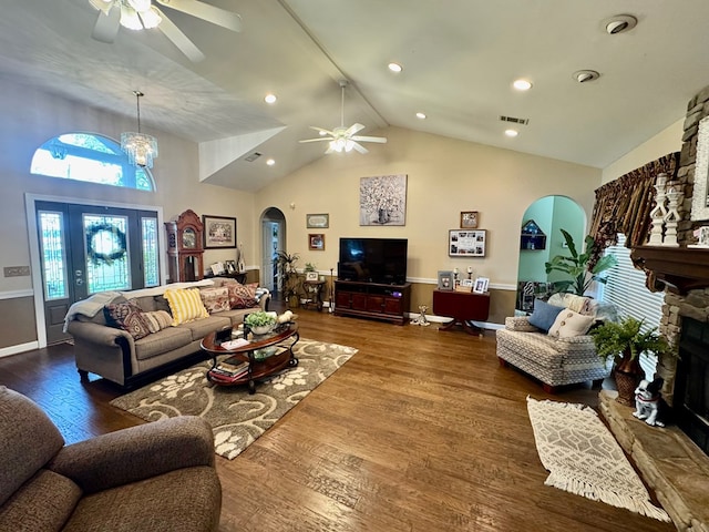 374 Smith Rd, Dothan, AL 36301 - living area with arched walkways, ceiling fan, visible vents, and high vaulted ceiling
