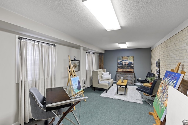 2054 John D Odom Rd, Dothan, AL 36303 - carpeted living room with brick wall, a textured ceiling, and a brick fireplace