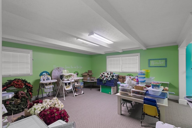 2054 John D Odom Rd, Dothan, AL 36303 - rec room with beamed ceiling, carpet, baseboards, and a textured ceiling