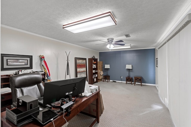 2054 John D Odom Rd, Dothan, AL 36303 - carpeted home office featuring ornamental molding, ceiling fan, a textured ceiling, and baseboards