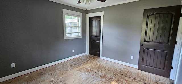 unfurnished bedroom with crown molding, ceiling fan, and light hardwood / wood-style floors