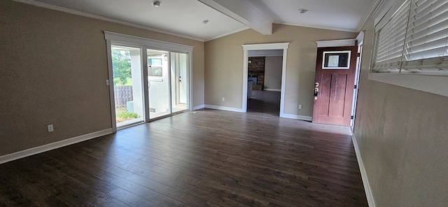 unfurnished room featuring vaulted ceiling with beams, crown molding, and dark hardwood / wood-style floors