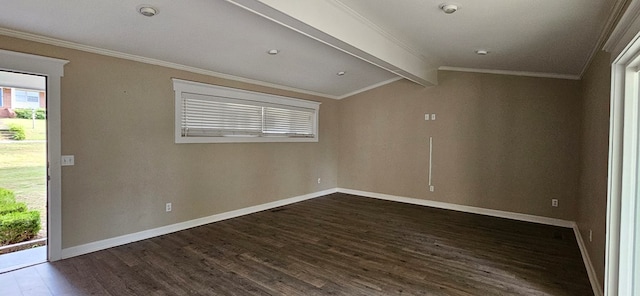 empty room with crown molding, dark hardwood / wood-style floors, and lofted ceiling with beams