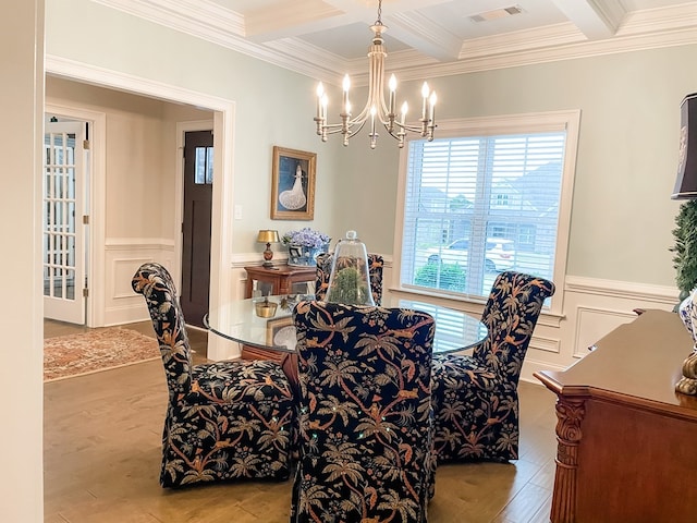 dining space featuring coffered ceiling, visible vents, wainscoting, light wood-type flooring, and beamed ceiling