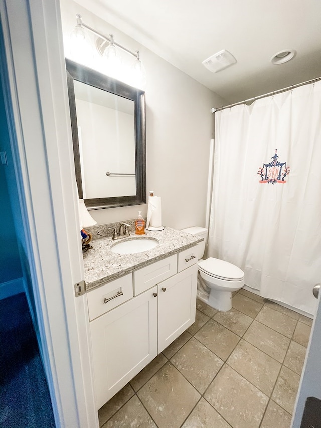 full bath with toilet, visible vents, tile patterned flooring, and vanity