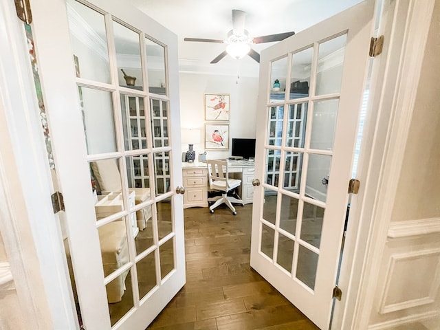 office area featuring dark wood-type flooring, french doors, and ceiling fan