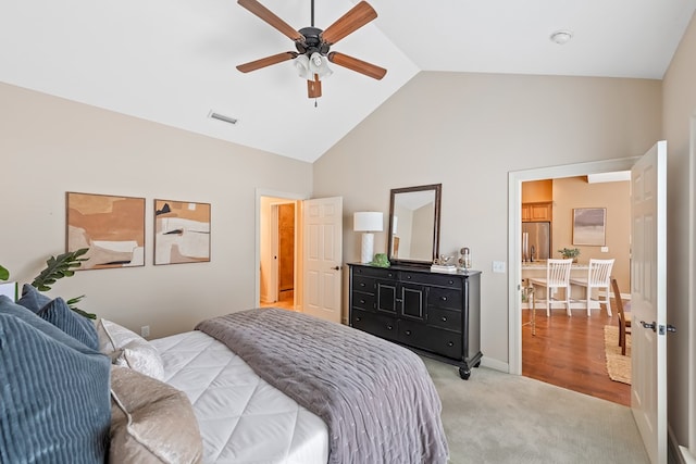 328 Hidden Creek Cir, Dothan, AL 36301 - bedroom with stainless steel fridge, high vaulted ceiling, light colored carpet, and ceiling fan