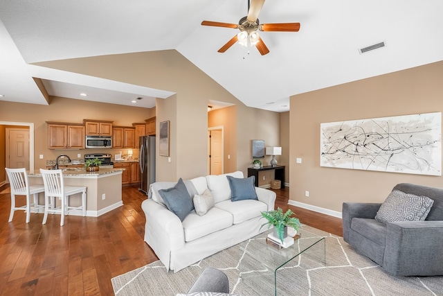 328 Hidden Creek Cir, Dothan, AL 36301 - living area with wood finished floors, a ceiling fan, high vaulted ceiling, and recessed lighting