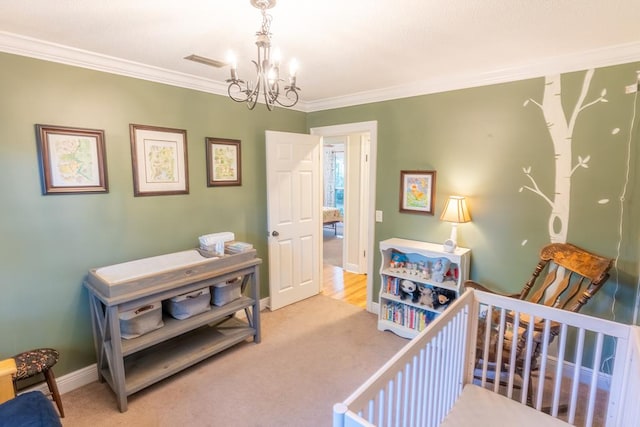 bedroom featuring carpet flooring, a notable chandelier, and ornamental molding