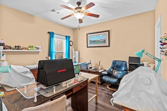 office area featuring ceiling fan and dark wood-type flooring