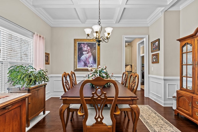 dining room with ornamental molding, dark hardwood / wood-style floors, coffered ceiling, a notable chandelier, and beam ceiling