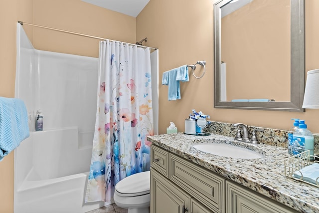 full bathroom featuring toilet, vanity, and shower / bathtub combination with curtain