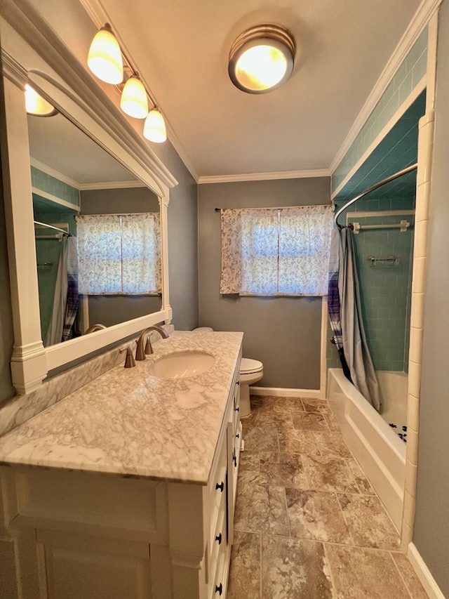 full bathroom with ornamental molding, toilet, vanity, and shower / bath combo with shower curtain